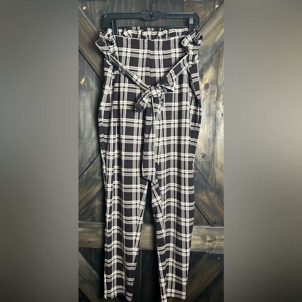 SHEIN Curve 4XL Women’s Brown Beige Plaid Pants Elastic With Tie